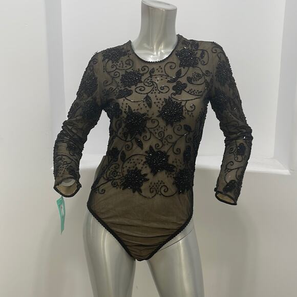 Bob Mackie Special Occasion Beaded Long Sleeve Bodysuit Black Size S - Picture 10 of 14